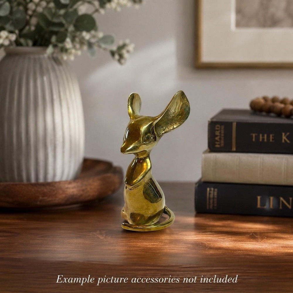Vintage Mid Century Modern Solid Brass Mouse Figurine Big Ears Statue Whimsical